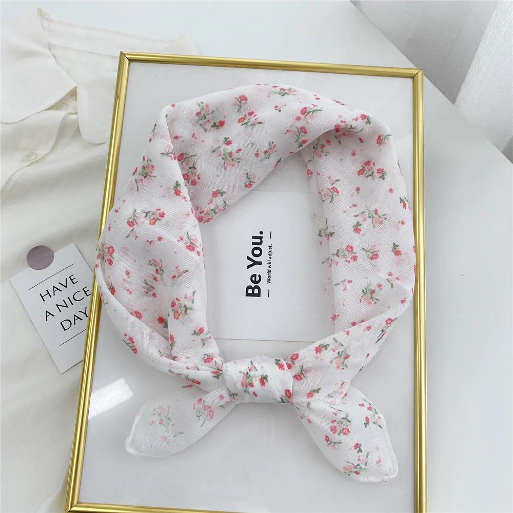 Floral Print Neckerchief Small Hijab Scarfs Women Fashion Handkerchief Neck Scarf Shawls Cotton Blends Korean Hair Scarves 58CM