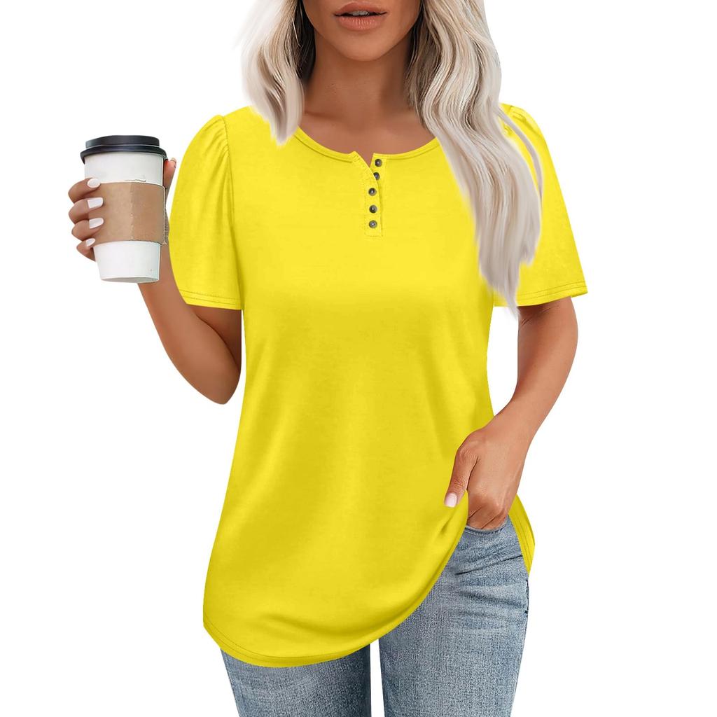 Women's Fashionable Casual Short Sleeve Button Print Round Neck Pullover Top