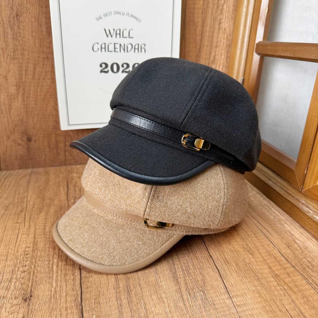 Hat Women's New Belt Buckle Octagonal Hat Literary Versatile Wide Brim Painter Hat Fashion Wool Beret