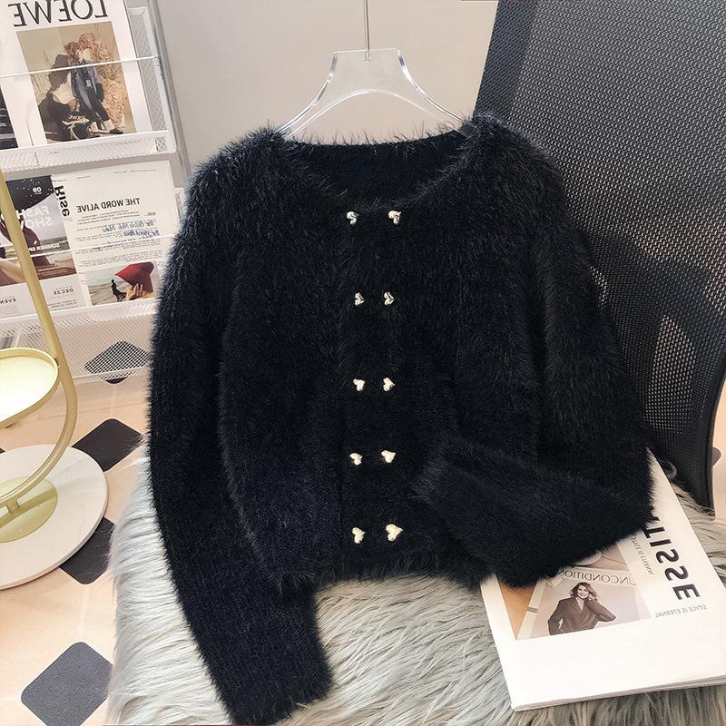 Women's Mink Velvet Double-Breasted Cardigan - Autumn/Winter 2025, Short Round Neck Little Coco Style.