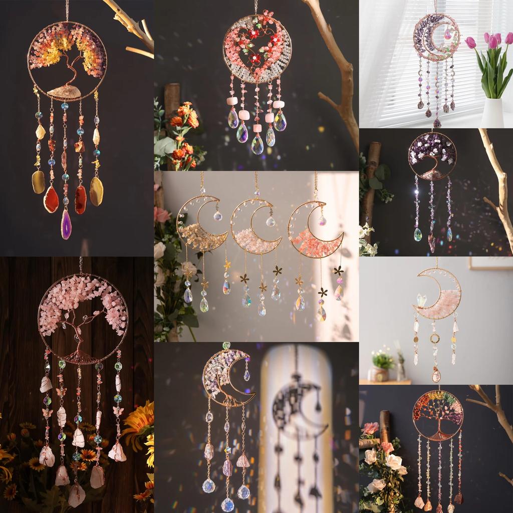 Hand-Woven Wind Chimes Life Tree Dream Crystal Wind Chime Crystal Stone Room Decoration Engraving Christmas