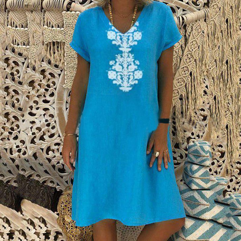 Premium Quality Women's Baggy Loose Short Sleeve V-neck Linen Kaftan Madi Dress For Effortless Beach Style