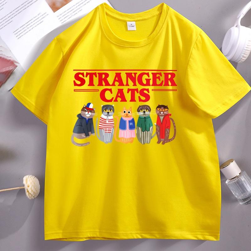 Футболка Stranger Cats Смешной Принт Хлопок Короткий Рукав Свободная Футболка Мягкая Высокое Качество Круглый Вырез Футболка Дышащие Повседневные Топы