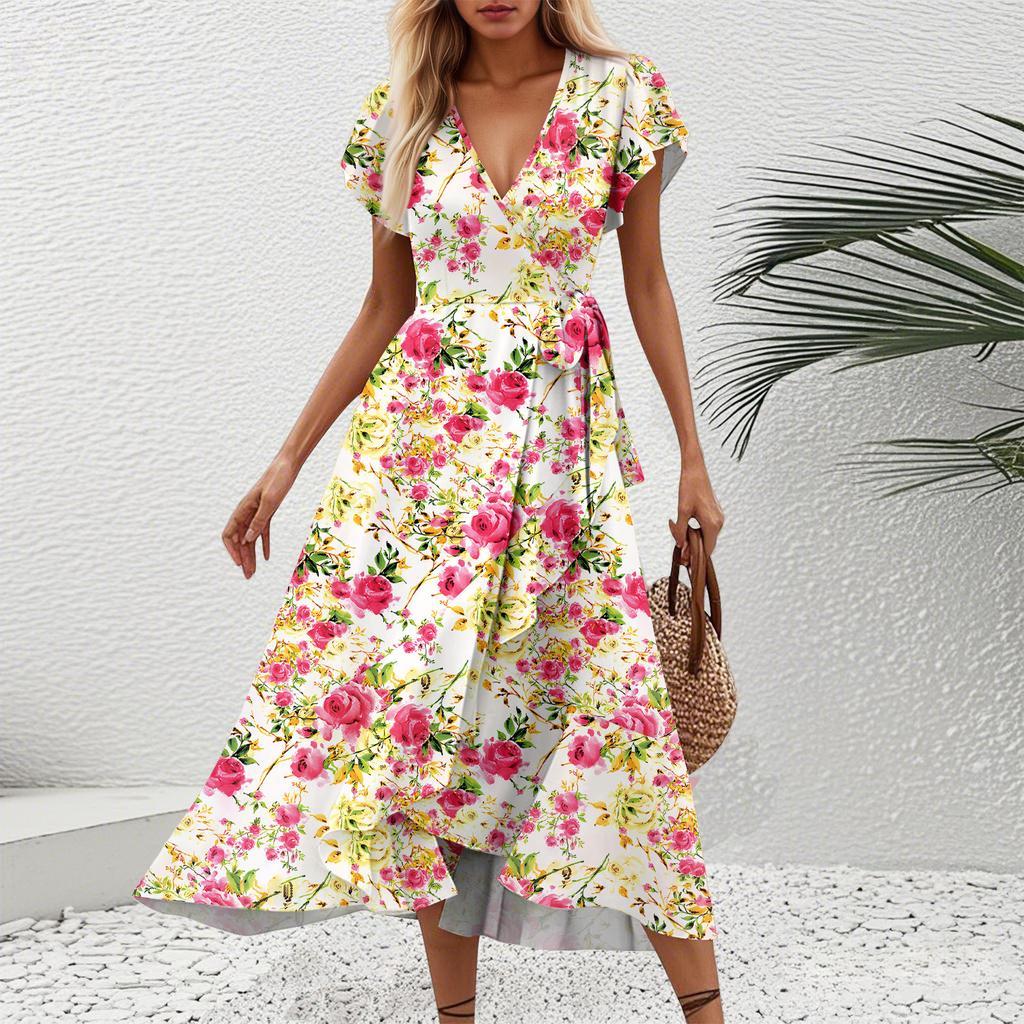 Женские платья с V-образным вырезом, приталенным цветочным принтом и коротким рукавом