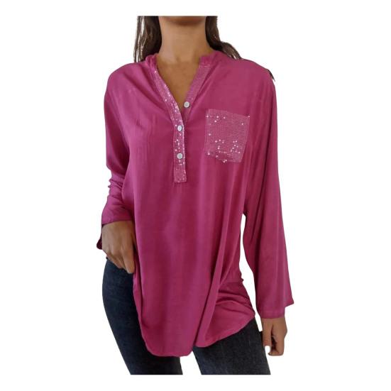 Женская повседневная рубашка с v-образным вырезом и пуговицами, вырез с длинным рукавом и блестками, пуловеры, топы, однотонные накладные карманы, свободные топы средней длины