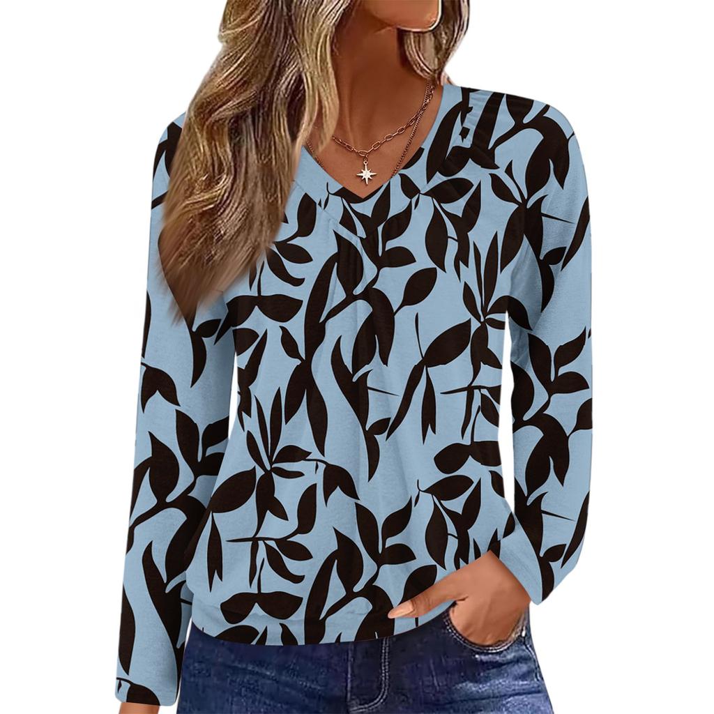 Women's Casual Fashion V-Neck Raglan Pleated Floral Print Long Sleeve Top