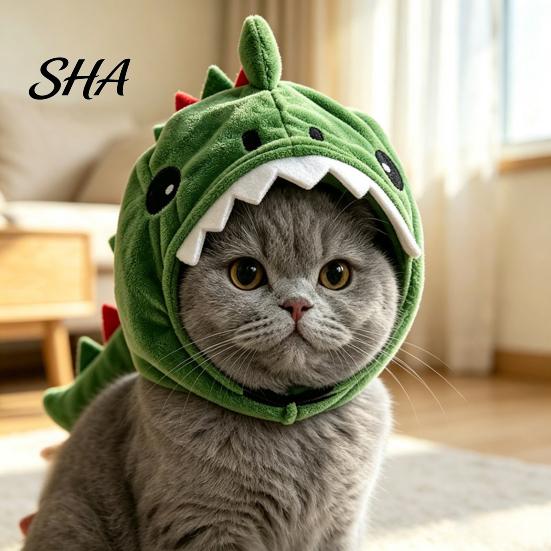 Breathable Pet Accessory for Photos Cute Dinosaur Hat Cats, Soft Plush Funny Cat Headwear Functional Grooming with Shark Design, Novelty Green Costume