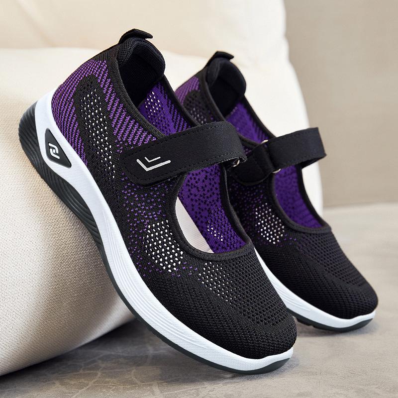 Обувь Женская повседневная дышащая обувь на плоской подошве с неглубоким вырезом, повседневная обувь из летучего трикотажа, обувь для ходьбы на липучке