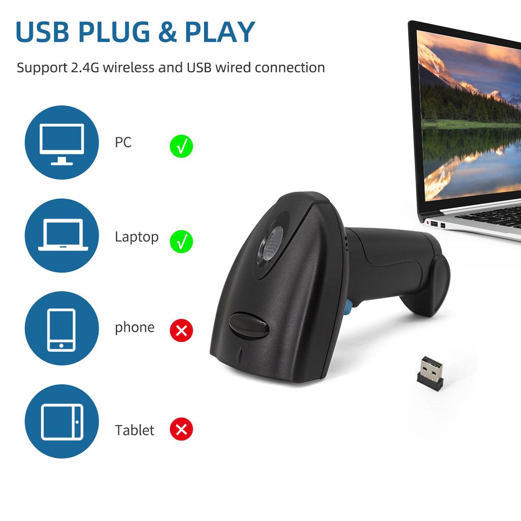 Сканер штрих-кодов 1D, ручной беспроводной считыватель штрих-кодов, ручной запуск/автоматическое непрерывное сканирование