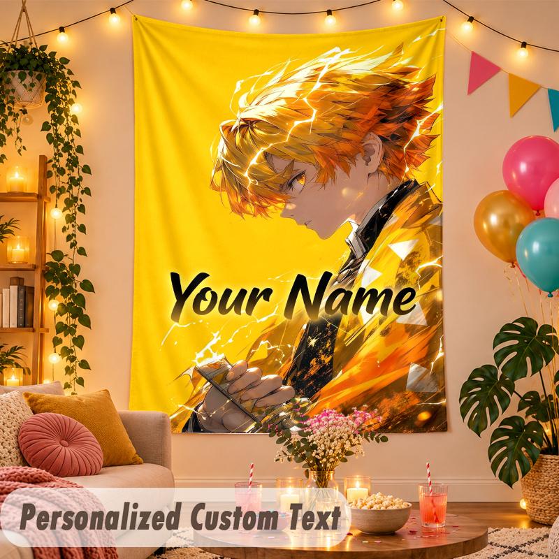 Zenitsu Agatsuma Personalized Wall Tapestry Custom Name Text Polyester Hanging Decor Home Room