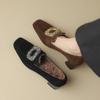 Women's Brown & Black Plush Lined Loafers: Velvet, Square Toe, Chunky Mid-Heel, Deep Mouth Design, Autumn/Winter.