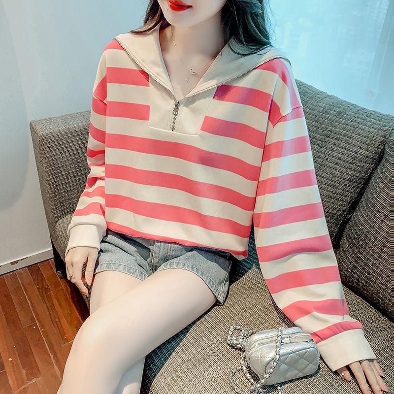 Повседневная полосатая толстовка с темно-синим воротником, женская осенняя корейская версия, дизайнерская свободная пуловерная рубашка большого размера с длинным рукавом, оригинальные женские топы