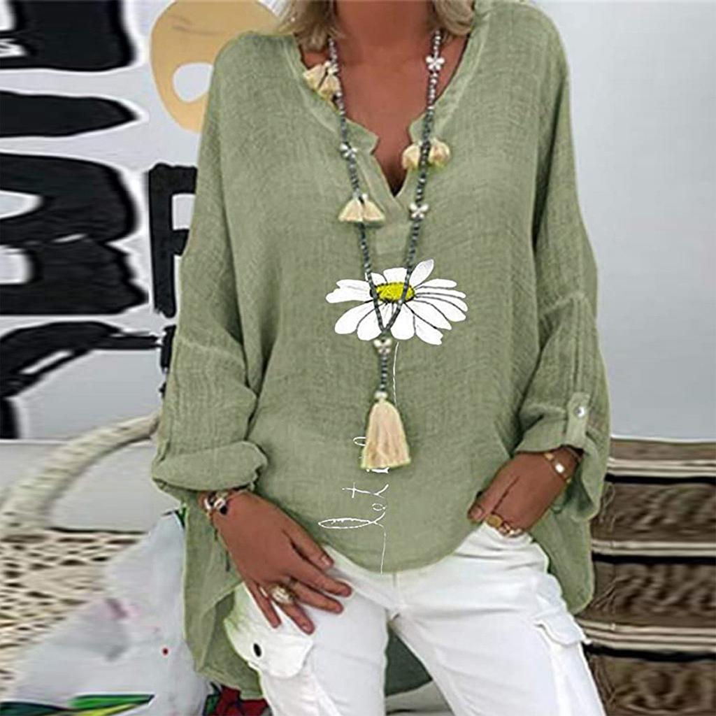 Women's Imitation Cotton Print Casual V-Neck Large Size Print Shirt Tops