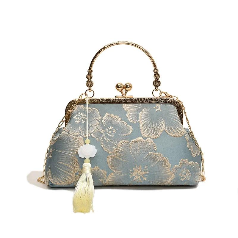 Vintage Embroidered Shoulder Bag Elegant Retro Tassel Small Square Wedding Party Handbag Luxury Designer Women Evening Clutch