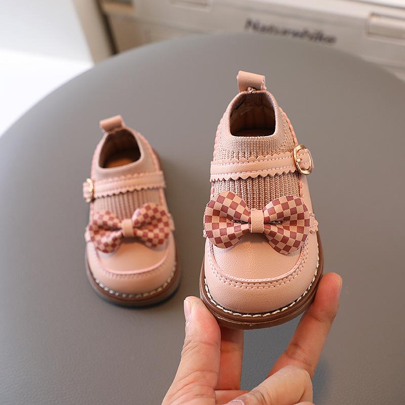 High Top Baby Girl Kintted Sock Shoes Houndstooth Buttefly-knot Toddler Boots for Kids Girls Elegant Newborn Autumn