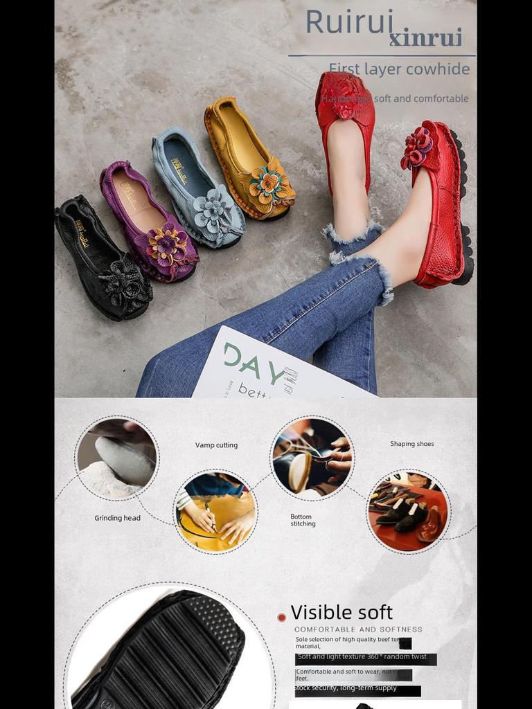 Женские балетки Xinrui в стиле ретро из натуральной кожи с мягкой подошвой — ручная работа, удобные, с неглубоким вырезом
