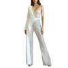Women Jumpsuit One Shoulder One Sleeve Suit Coat Dress Patchworl Shiny Sequin Asymmetric Color Matching Wide Leg Tight Waist Prom Party Jumpsuit