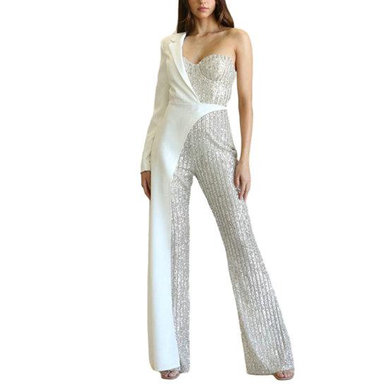 Women Jumpsuit One Shoulder One Sleeve Suit Coat Dress Patchworl Shiny Sequin Asymmetric Color Matching Wide Leg Tight Waist Prom Party Jumpsuit