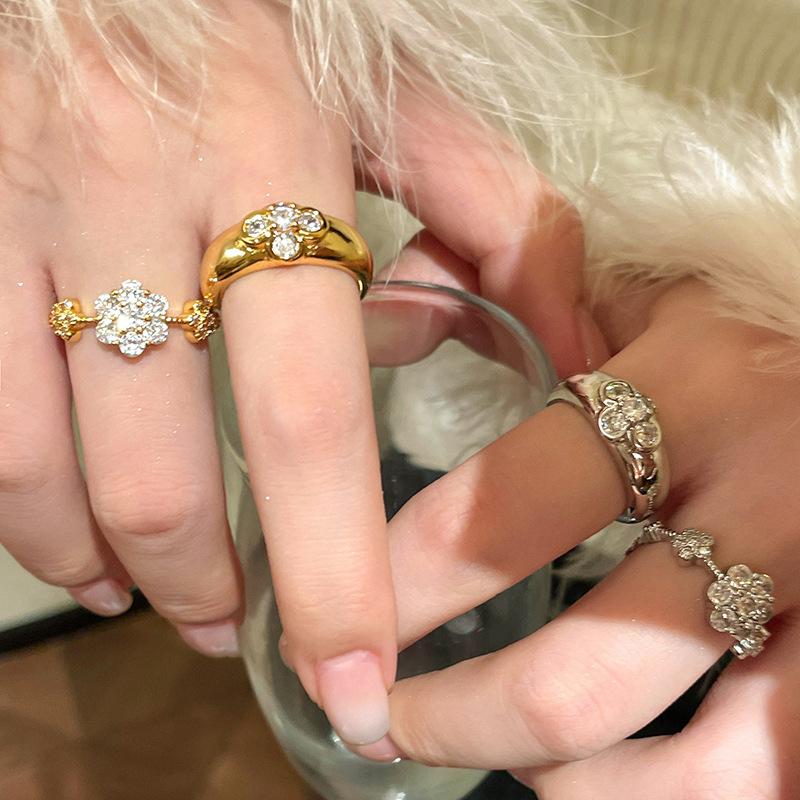 ANENJERY Серебристо-золотой Четырехлистный цветок циркон Открытое кольцо для женщин Роскошные вечерние винтажные ювелирные изделия оптом