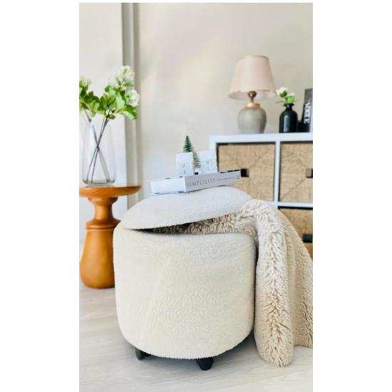 X Large White Tedy Fabric Storage Cylinder Decorative Foldable Armchair Pouf Coffee Table