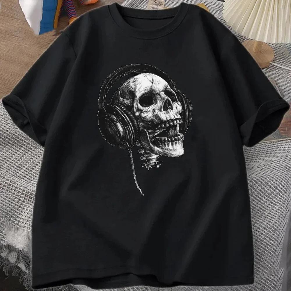 Футболки с принтом черепа Music Forever 2024 года, мужская футболка с принтом черепа DJ, футболка с принтом черепа для наушников, хлопковая ткань, одежда, серая доставка
