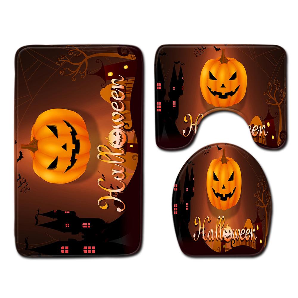 Halloween Shower Curtain Floor Mat Combination Four-Piece Set Bathroom Toilet Carpet Shower Room Foot Mat
