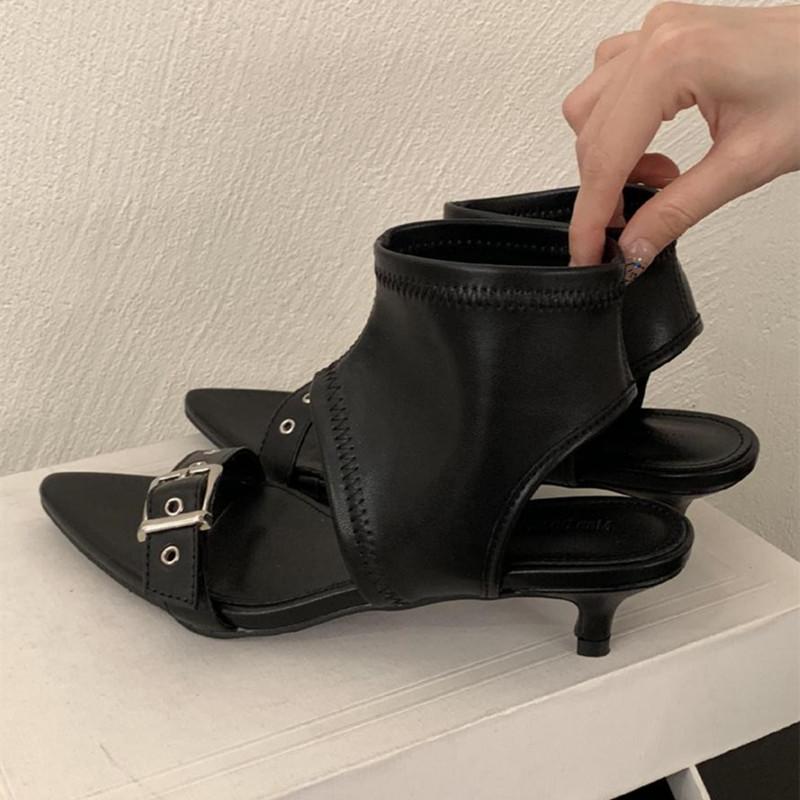 Fashion Fashion Pointed Toe Metal Buckle Brand Modern Boots Women Sexy Open Toe Kitten Heel Design Summer Boots Elegant Women Ankle Boot