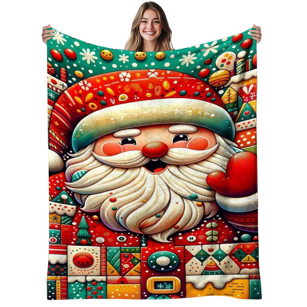 1pc Heavyweight 280gsm Flannel Santa Claus Blanket - Soft Warm All-Season Bedspread with Retro Christmas Print (Candy Canes, Holly, Snowflakes) & Sant