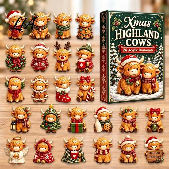 24 Day Christmas Countdown Box Highland Cow Advent Calendar, Cute 3D Mini Figures, PVC Hanging Ornaments for Holidays Farmhouse Holiday