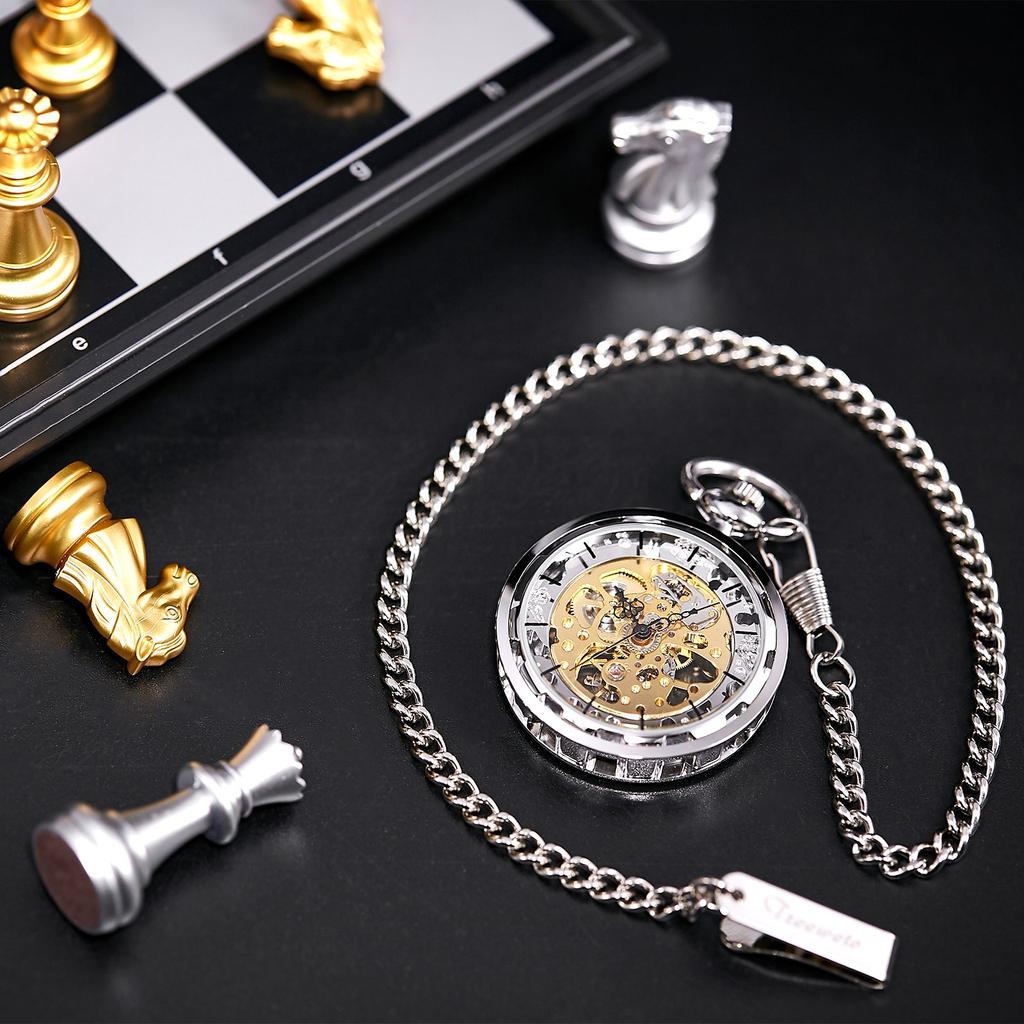 Карманные часы TREEWETO с полым циферблатом в стиле стимпанк со скелетонизированным механизмом, механические, с открытым циферблатом, мужские, серебристые,