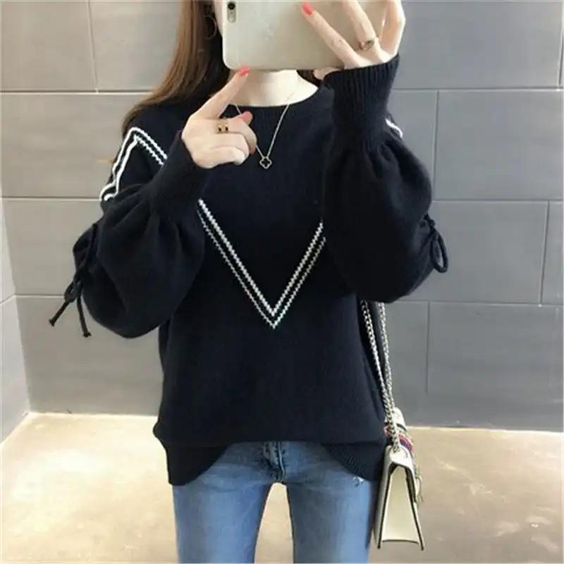 Sweater for Women Autumn Winter Thickened Pullover Round Neck Knitted Round Neck Stretchy Long Sleeve Bottoming Shirt Oversize Jumper Tops