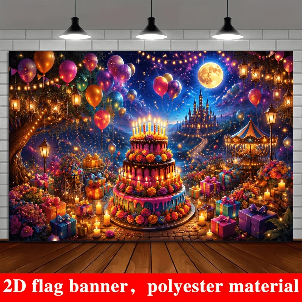 2D Flat Banner, Multicolor Birthday Backdrop, Balloons, Cake, Gift Boxes, Illuminated Castle, Carousel