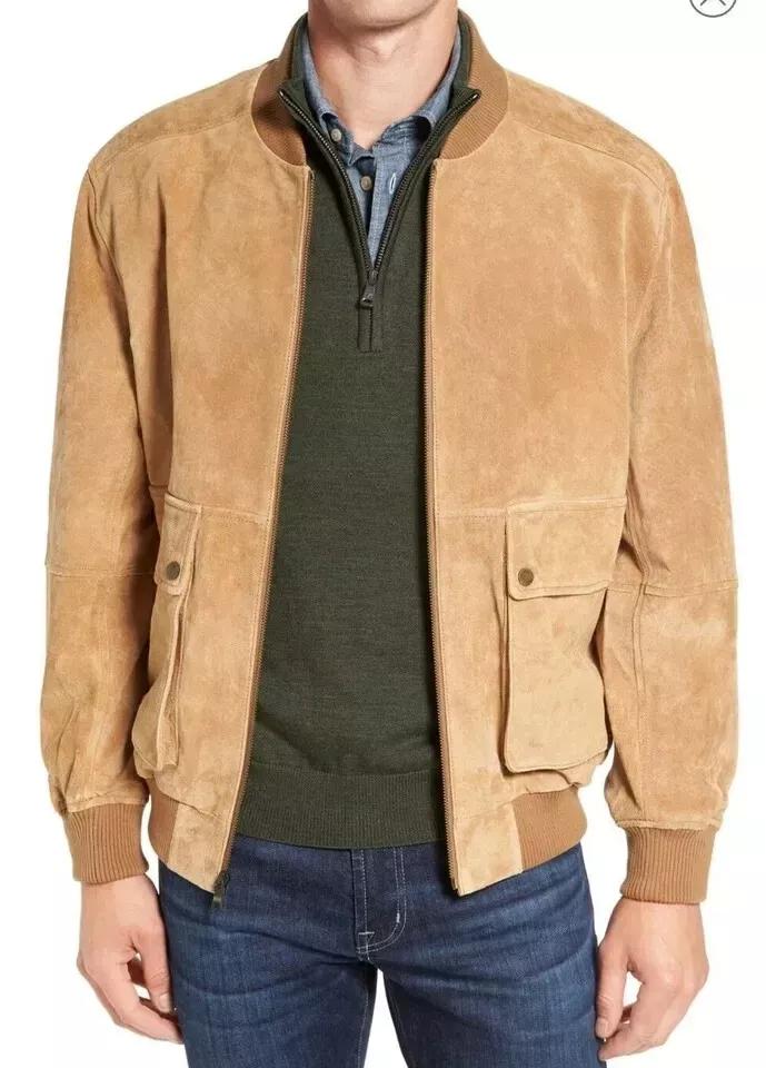 New Men Jacket Suede Beige Genuine Lambskin Real Leather Handmade Lambskin Soft Stylish