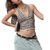 Sexy Vest Halter Lace-up Sleeveless Backless Plaid Pattern Tops with Lace Decoration Slim Fit French Style Tops