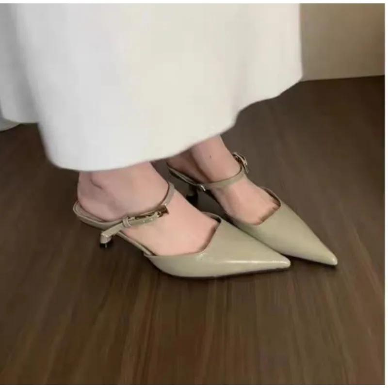 Women Pointed Toe Slippers Mid Heels Fashion Elegant Mules Shoes Summer Dress Sexy Sandals Trend Brand Women’s Pumps Slingbacks