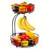 2-Tier Large Capacity Fruit and Vegetable Storage Basket - Sturdy Metal Wire Countertop Stand with Banana Hangers - Space-Saving Kitchen Organizer