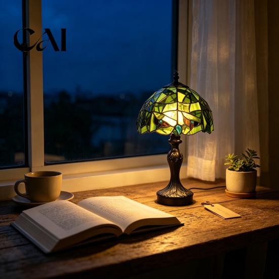 Retro Green Resin Table Light Stained Glass Desk Lamp, Hand-Carved Base Vintage Tiffany Style Decorative Lighting for Bar Bedroom Study Room