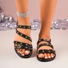 Модные женские сандалии Лето Новые Плоские Круглый носок Клепки Тонкий ремешок Туфли Женские Повседневные Удобные Легкие Сандалии на мягкой подошве Женские
