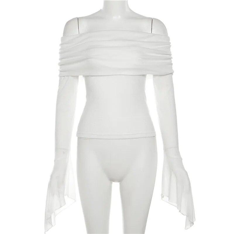 Y2k Эстетические женские полупрозрачные футболки с вырезом и длинным рукавом, однотонные повседневные футболки, винтажные сексуальные милые футболки с открытыми плечами