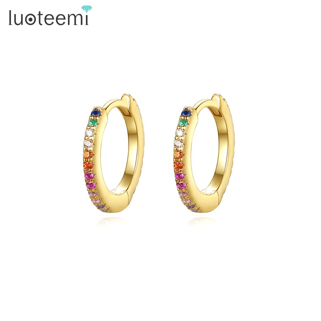 LUOTEEMI Rainbow CZ Paved Woman Diamond Jewelry 14K Gold Zircon Plated Huggie Hoop Earring