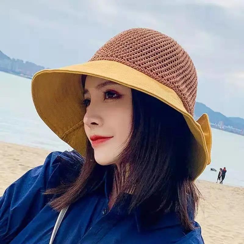 Woman Summer Hats with Sun Visor Straw Hat Hollow Fashion Bow Design Sun Hat Travel Mesh Bucket Hat