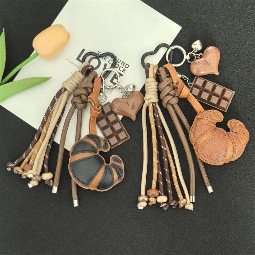 Diy Braided Rope Leather Croissant keychain Pu Leather Bread Keychain Jewelry Accessories