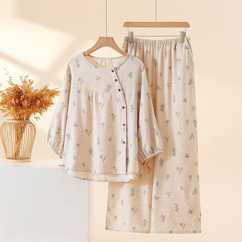 Autumn new cotton and linen women's pajamas floral seven-quarter sleeve trousers set round neck partial placket comfortable casual loungewear