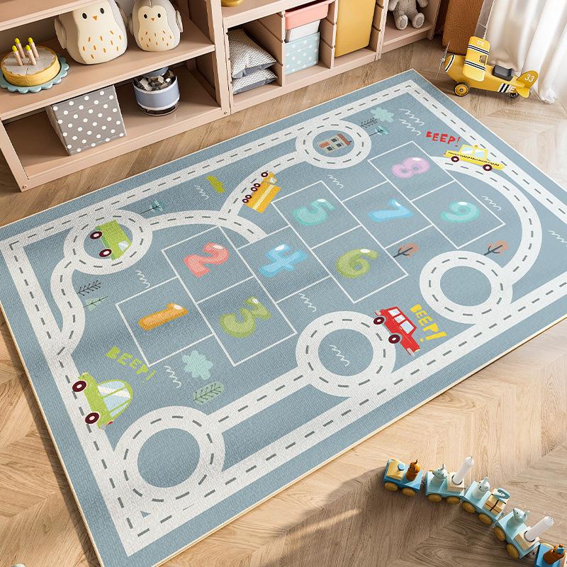 Cartoon Car Traffic Crystal Pile Carpet Children's Room Climbing Mat Home Non-Slip and Dirt Resistant Living Room Mat