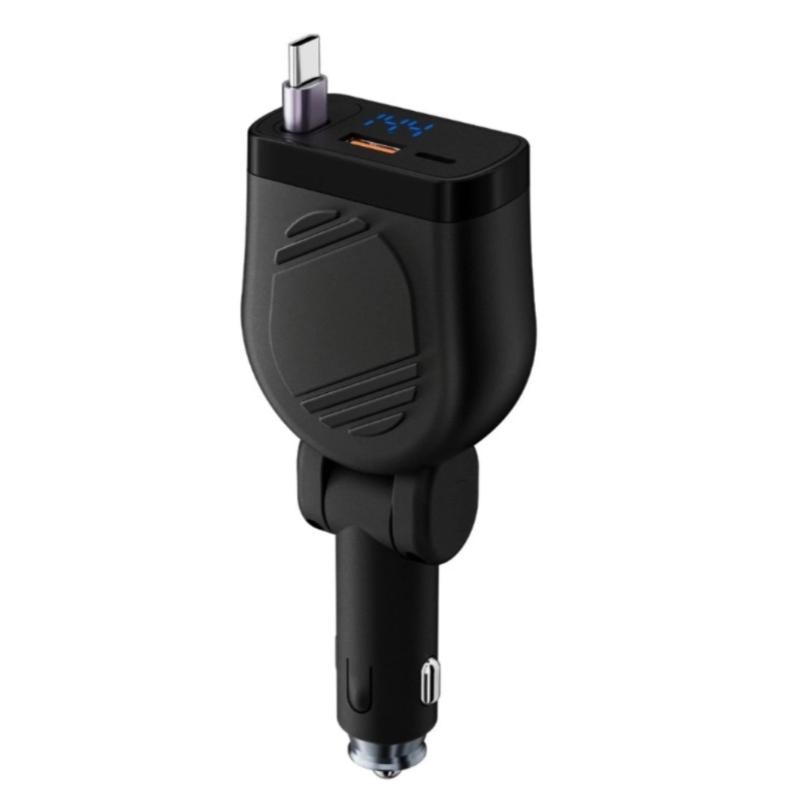 Автомобильное зарядное устройство USB C 120 Вт Type C Быстрое автомобильное зарядное устройство с выдвижным кабелем USB C Автомобильный адаптер для телефона, планшета, ноутбука