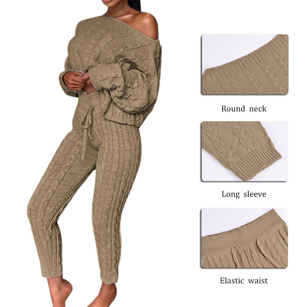 Осенний женский повседневный вязаный комплект, сексуальный комплект из двух предметов, свитер с длинными рукавами, короткий пуловер, укороченный топ, комплект с длинными штанами на завязках