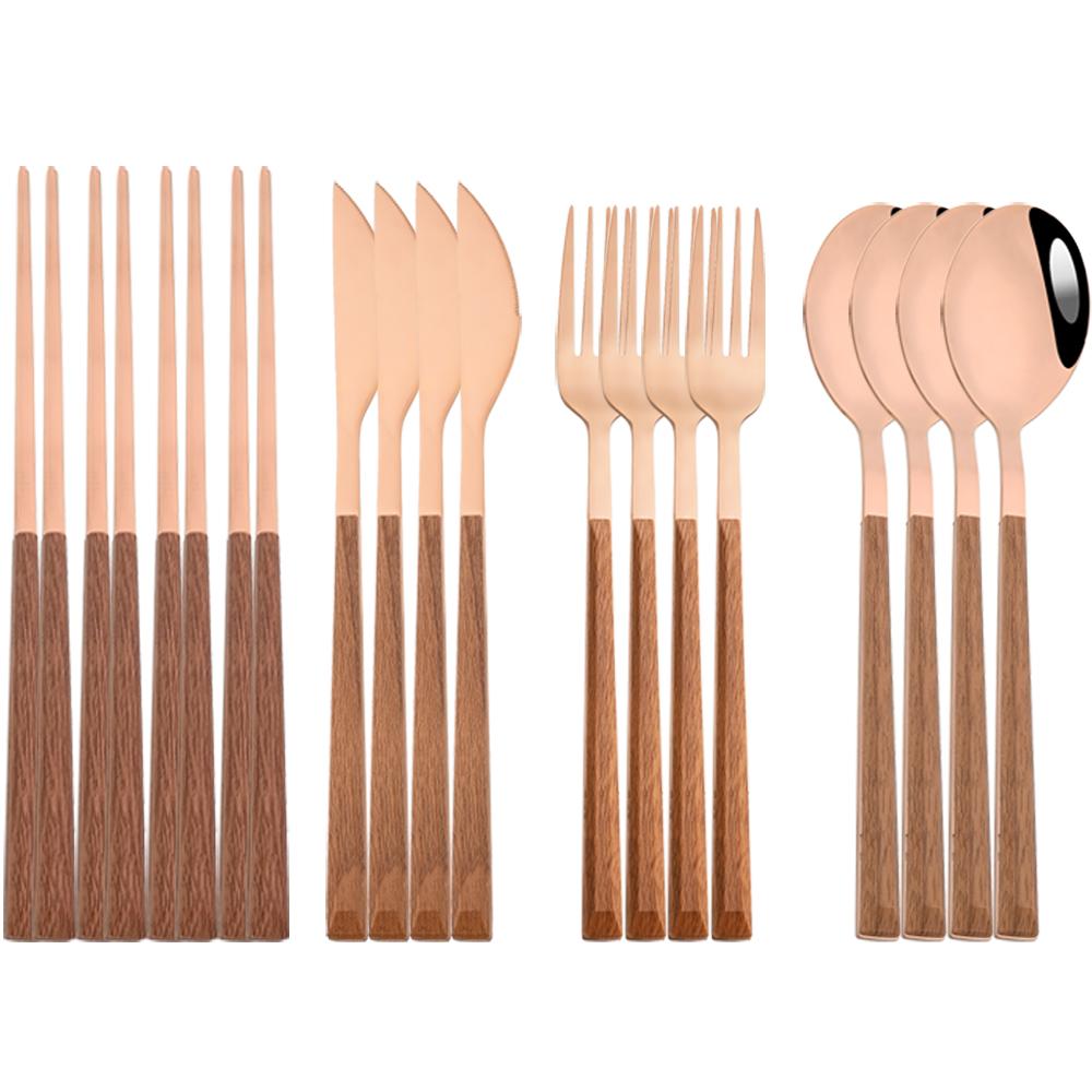 16Pcs Brown Gold Dinnerware Set Imitation Wooden Handle Cutlery Set Chopsticks Knife Fork Spoon Tableware Set Korean Flatware