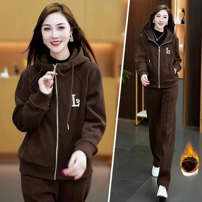Плюс бархатный утолщенный спортивный костюм женский осенне-зимний кардиган на молнии с капюшоном свитер повседневный костюм из двух частей
