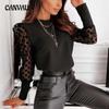 Spring Summer Women's Solid Colour Mesh Patchwork Long Sleeve Blouse