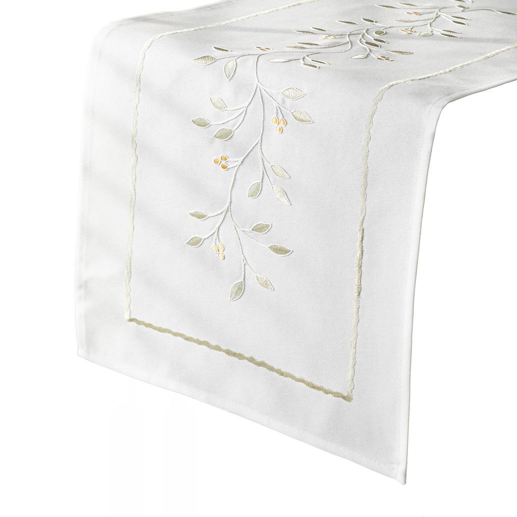 Green Melody Table Runner with Embroidery in White Fabric with Plants 38x160